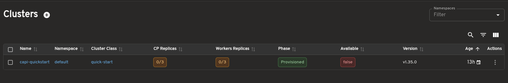 Cluster list view showing control plane and worker replica status